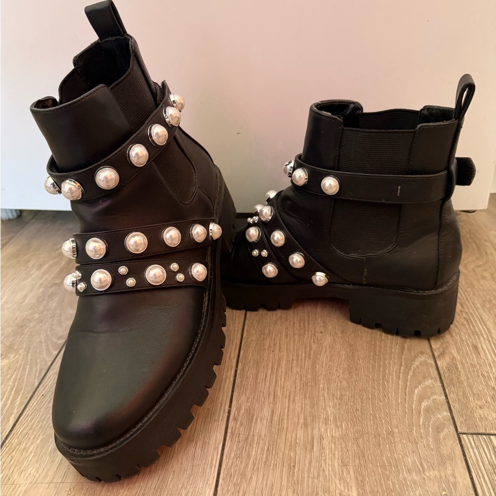 Black Pearl-Studded Ankle Boots